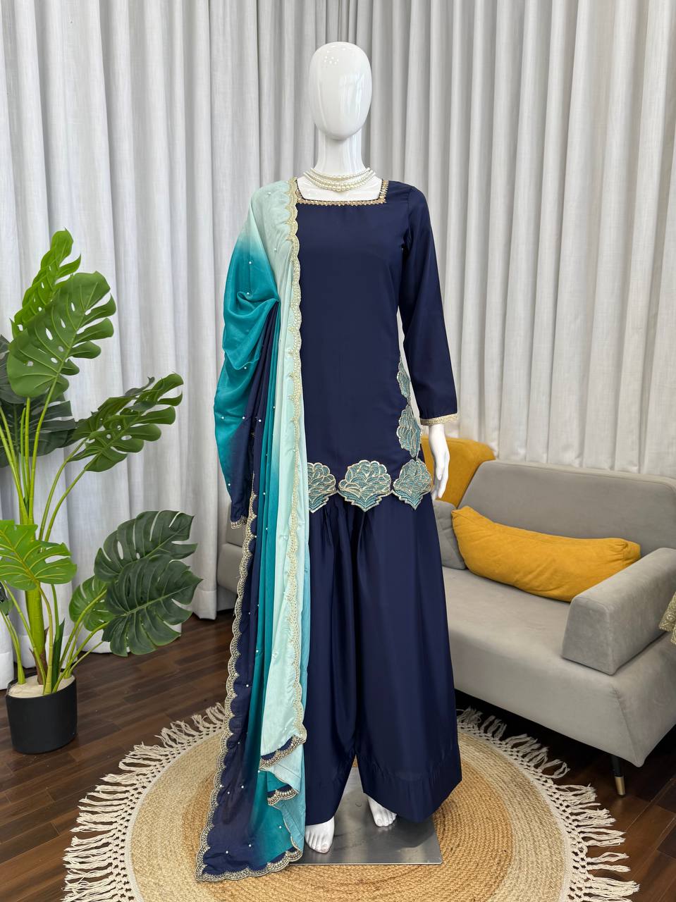 Premium Elegance Natural Crepe Thread with Sequence Top, Farshi Salwar and Dupatta