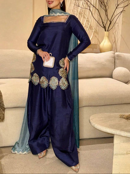Premium Elegance Natural Crepe Thread with Sequence Top, Farshi Salwar and Dupatta