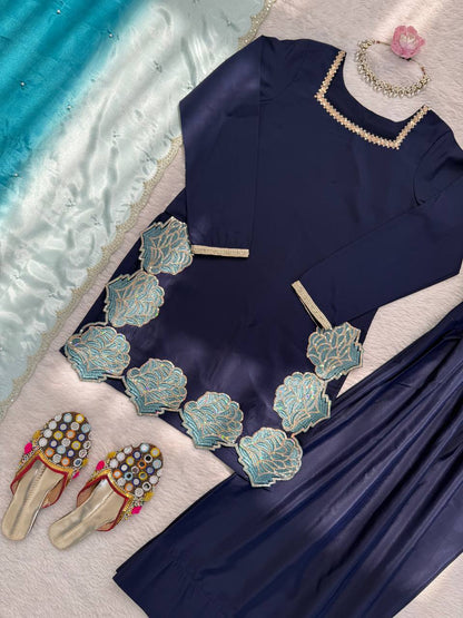 Premium Elegance Natural Crepe Thread with Sequence Top, Farshi Salwar and Dupatta