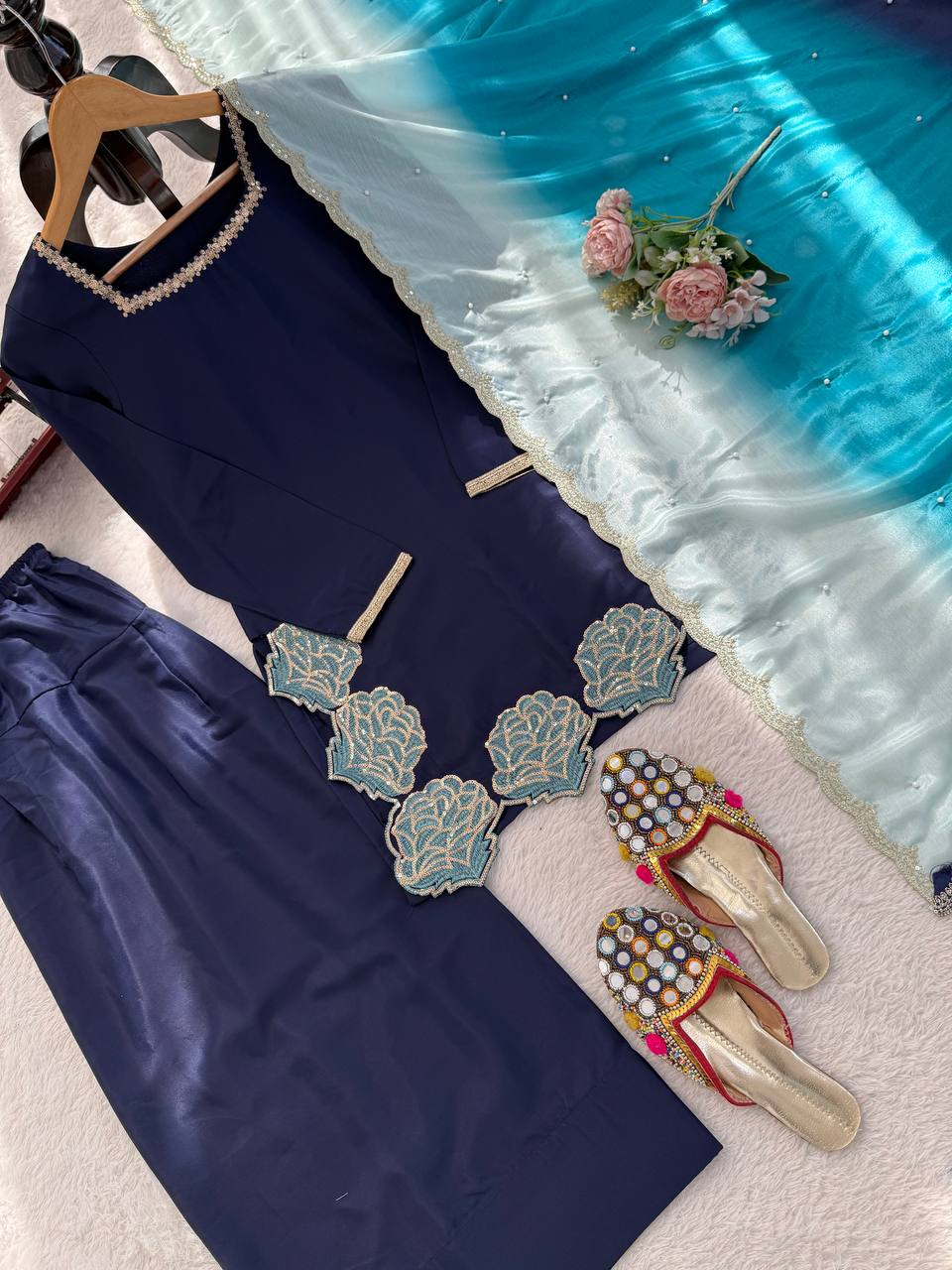 Premium Elegance Natural Crepe Thread with Sequence Top, Farshi Salwar and Dupatta