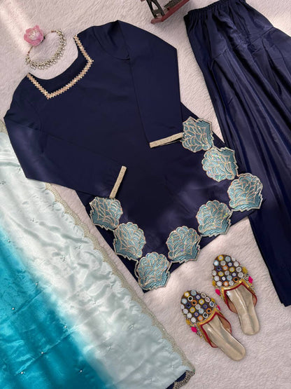 Premium Elegance Natural Crepe Thread with Sequence Top, Farshi Salwar and Dupatta