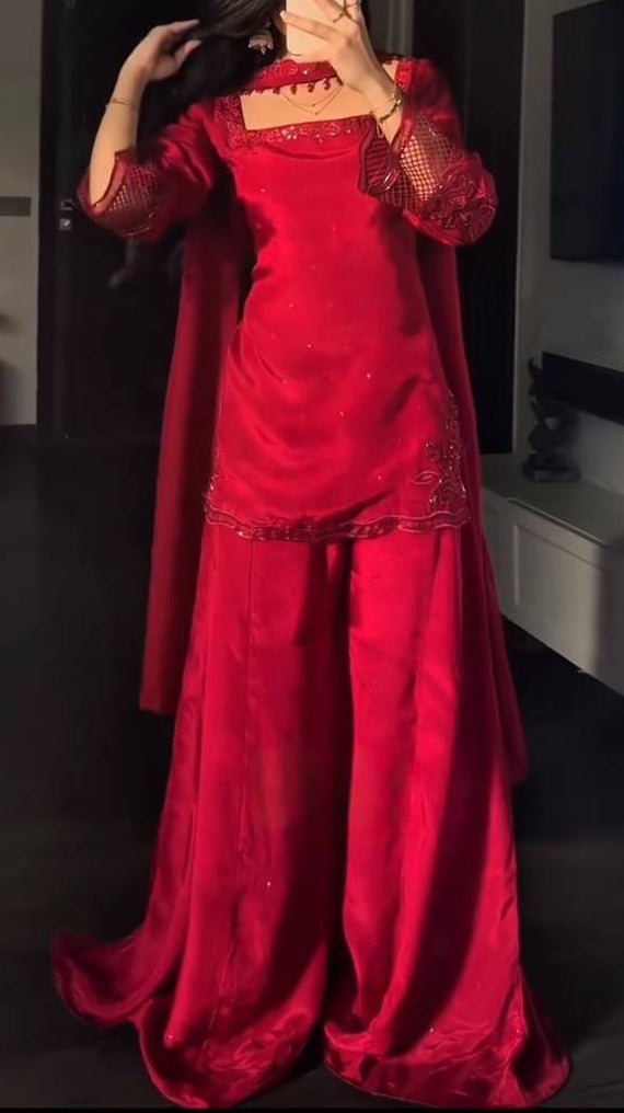Premium Elegance Natural Silk Beads Work Top, Plazzo and Dupatta