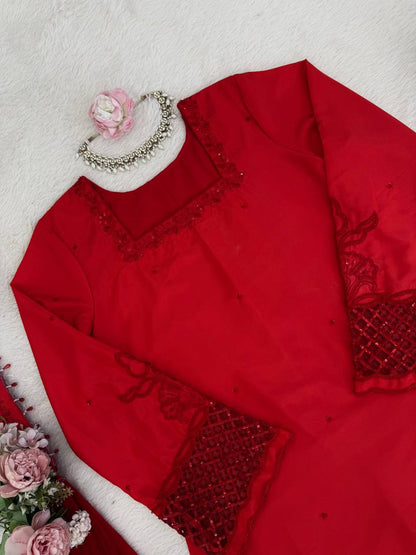 Premium Elegance Natural Silk Beads Work Top, Plazzo and Dupatta