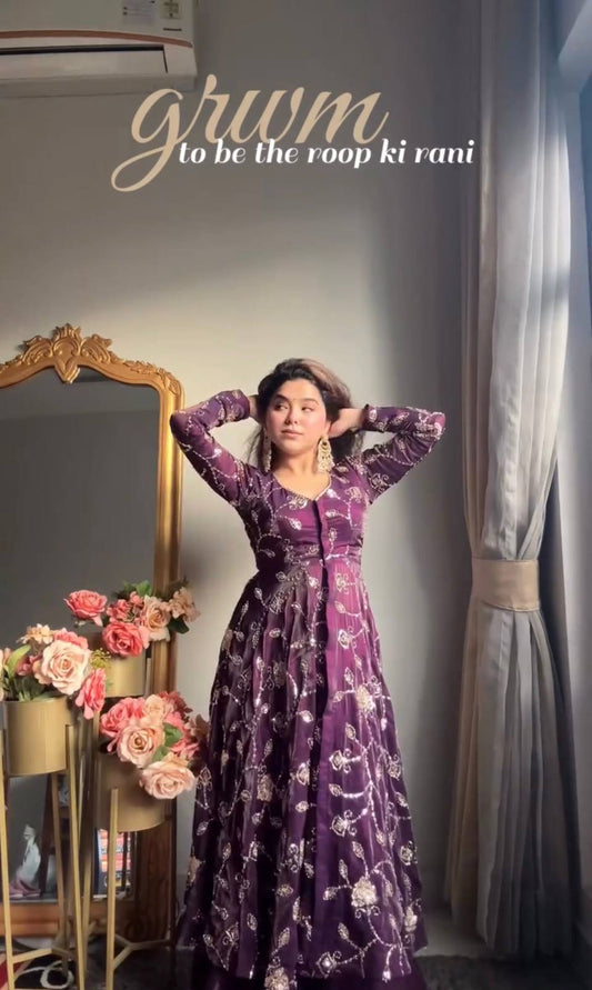 Beautifull Purple Color Frandy Silk With Emboroidery Work Gown