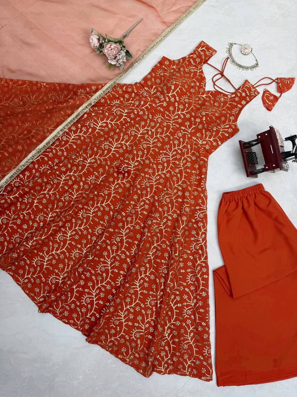 Wedding Wear Faux Georgette Gown, Plazzo and Dupatta