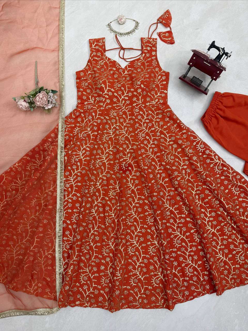 Wedding Wear Faux Georgette Gown, Plazzo and Dupatta
