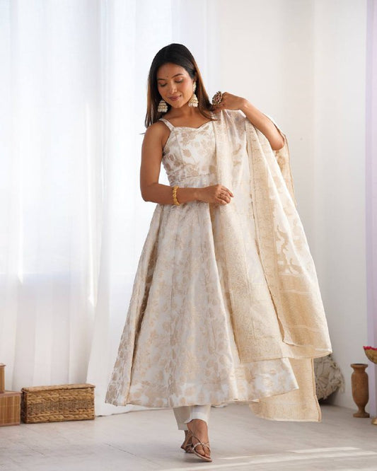 White Color Beautifull Banarasi Dola Silk With Dori Work Anarkali