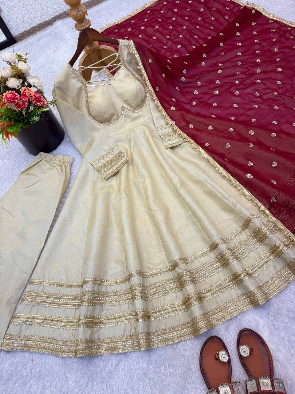 ELEGANT HEAVY LACE WORK DESIGNER ANARKALI THREE-PIECE SET