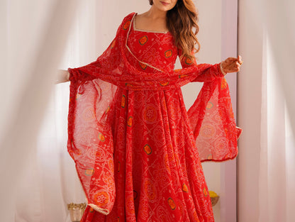 PURE SOFT CHIFFON BANDHEJ ANARKALI SET