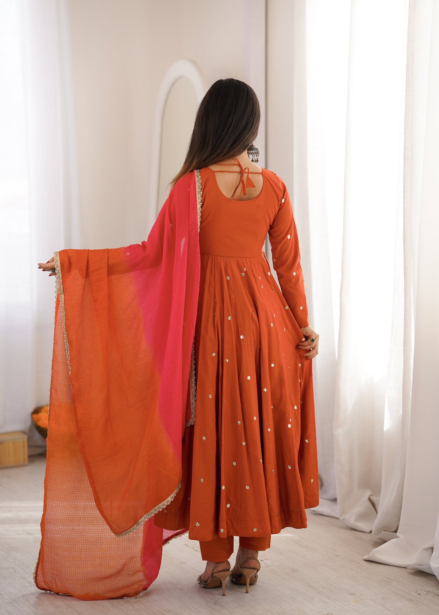 Elegant Embroidered Sequence with Real Mirror Designer Anarkali Three Piece Set