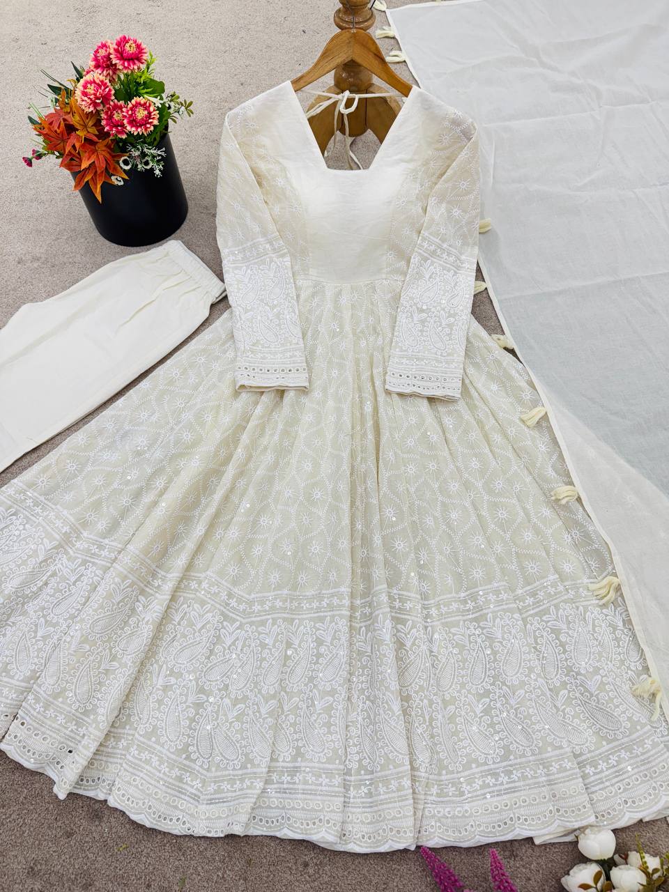 PURE KORA COTTON SCHIFFLI WORK 3-PIECE ANARKALI