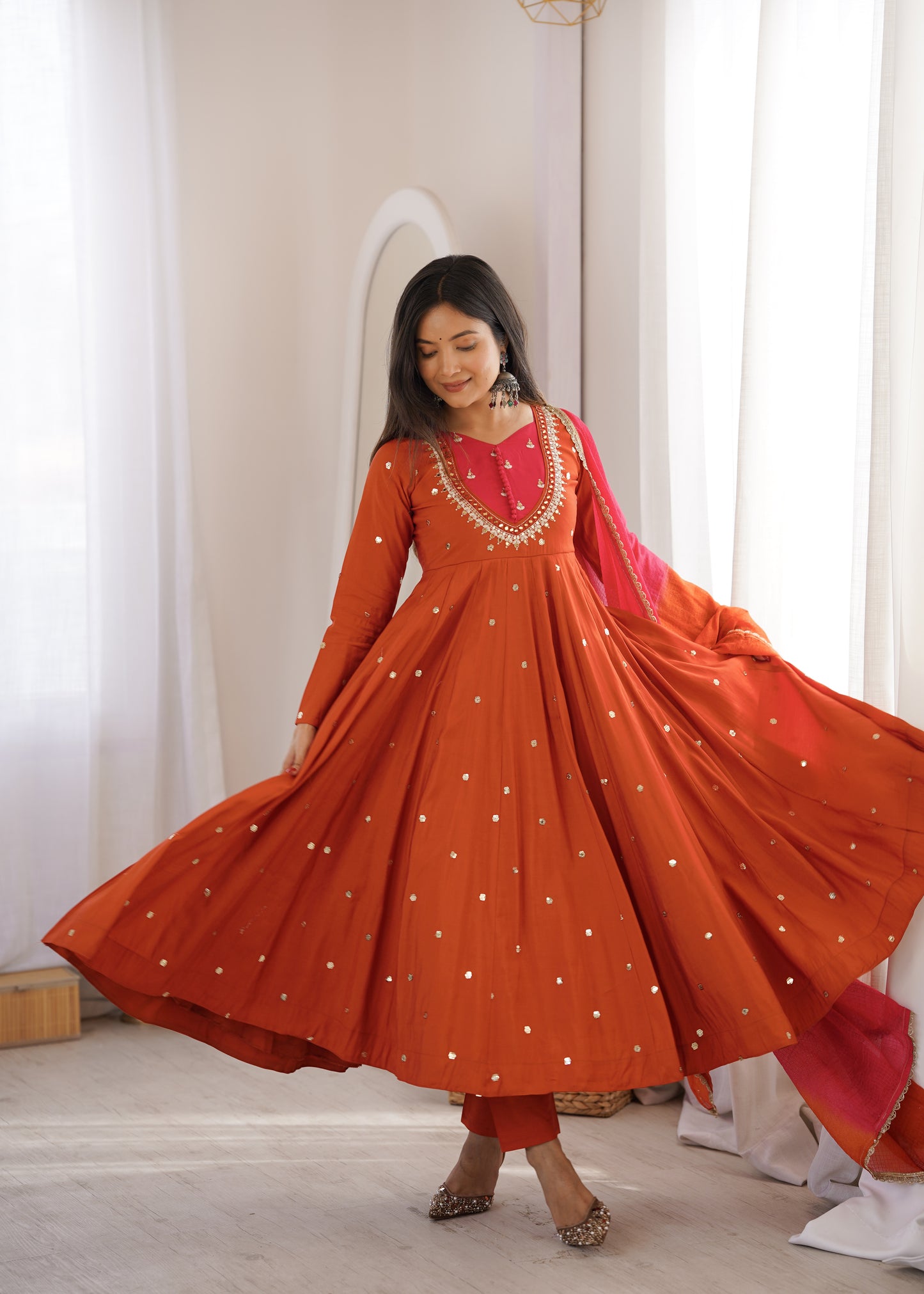 Elegant Embroidered Sequence with Real Mirror Designer Anarkali Three Piece Set