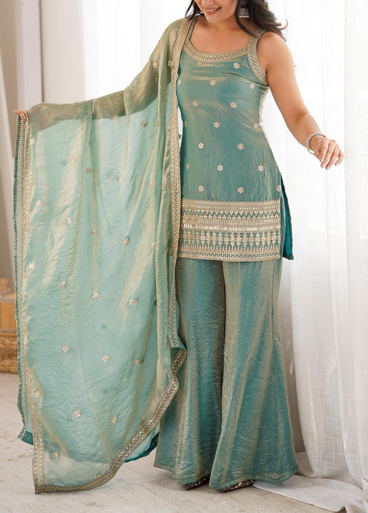 Fendy Silk Embroidery Sequence Dori and Jari Work Top with Dupatta and Bell Bottom Pant Set
