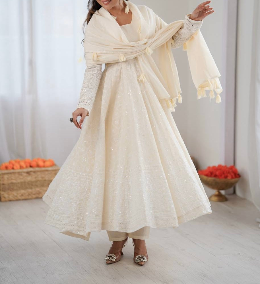 PURE KORA COTTON SCHIFFLI WORK 3-PIECE ANARKALI