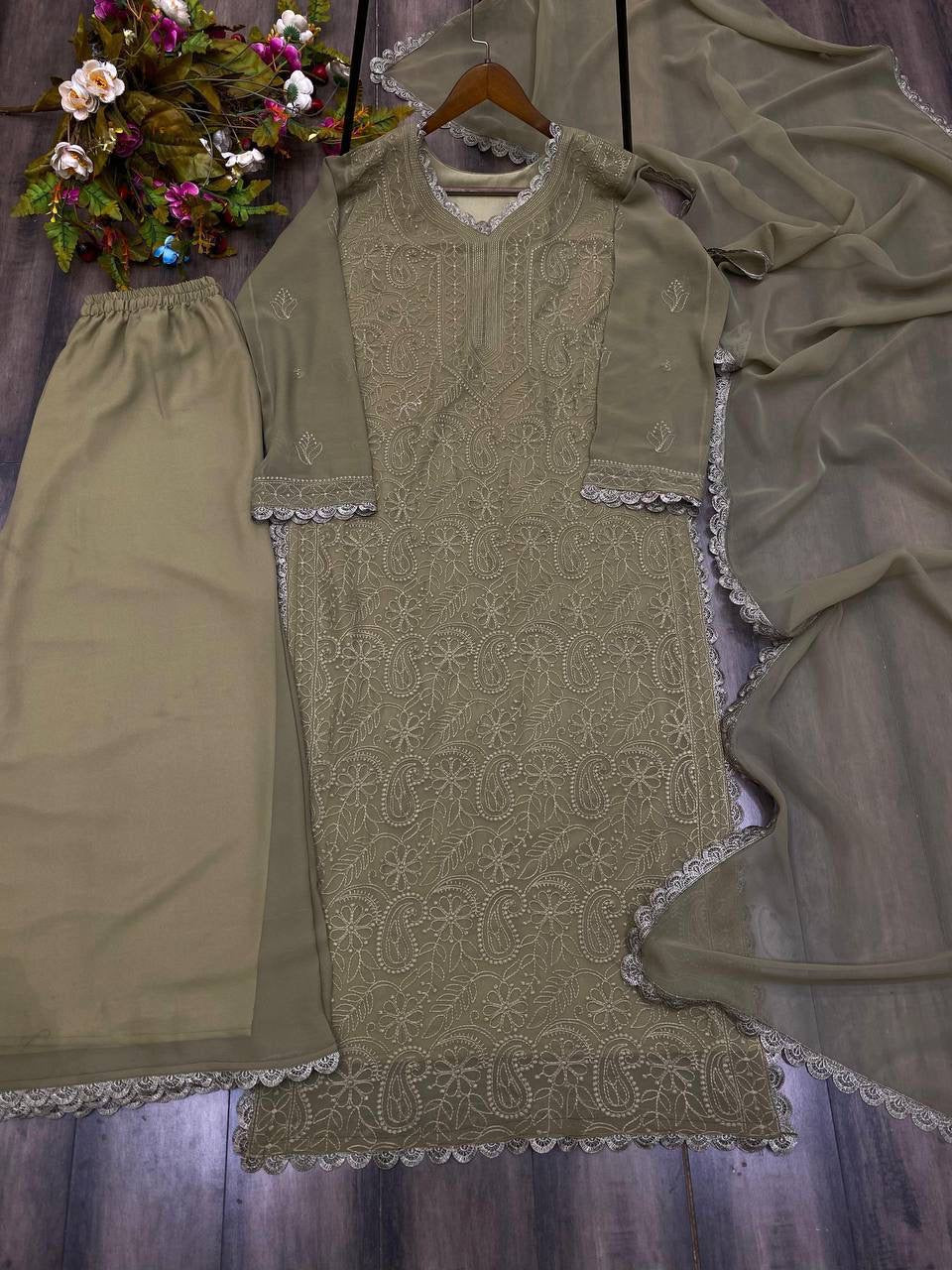 TRENDING THREAD EMBROIDERY WORK PLAZZO WITH DUPATTA