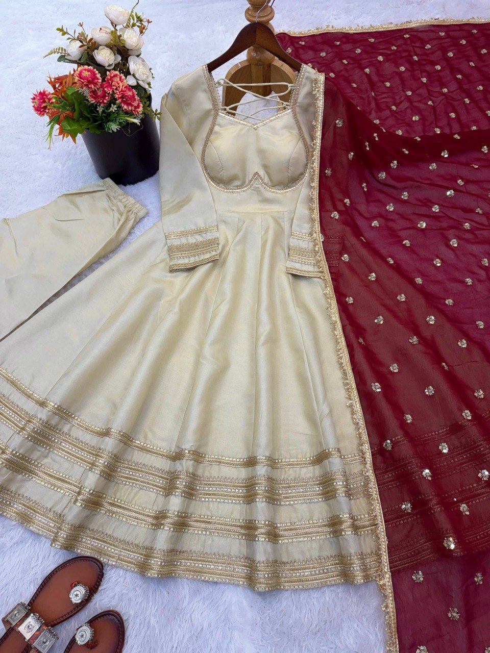ELEGANT HEAVY LACE WORK DESIGNER ANARKALI THREE-PIECE SET
