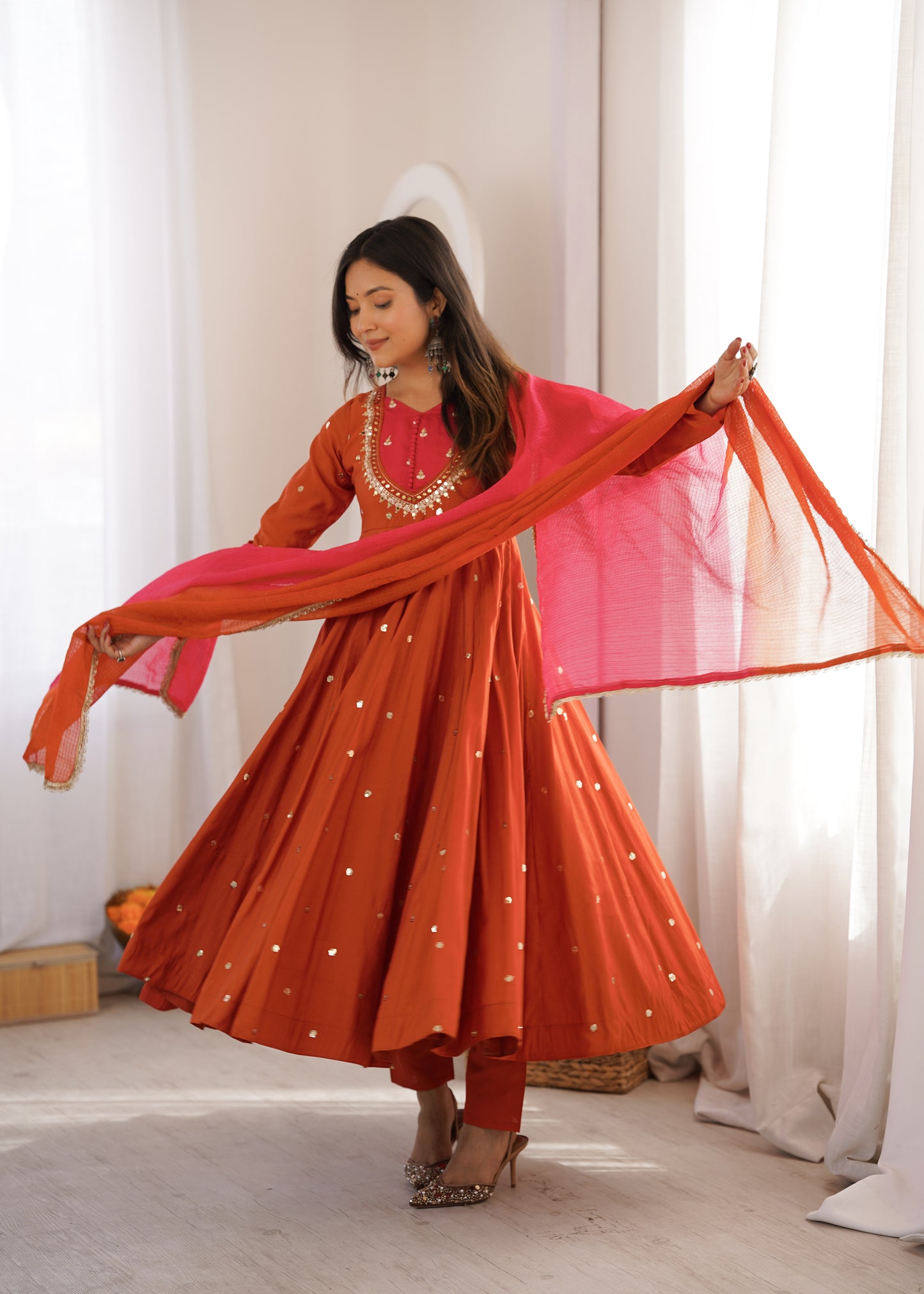 Elegant Embroidered Sequence with Real Mirror Designer Anarkali Three Piece Set