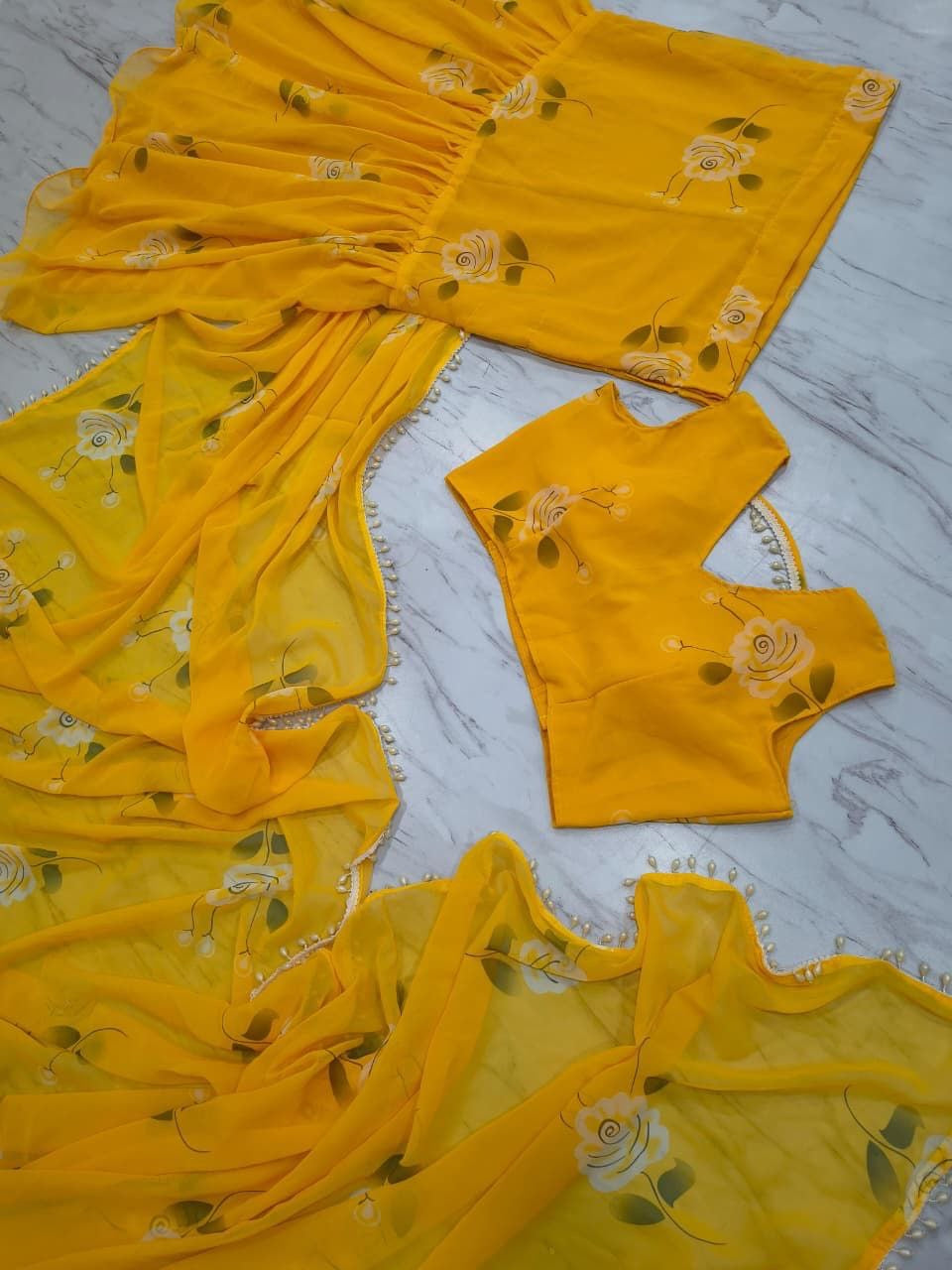 NEW PARTY WEAR LOOK PRINT WITH PLEATS AND FULL PICHO WORK LEHENGA SAREE