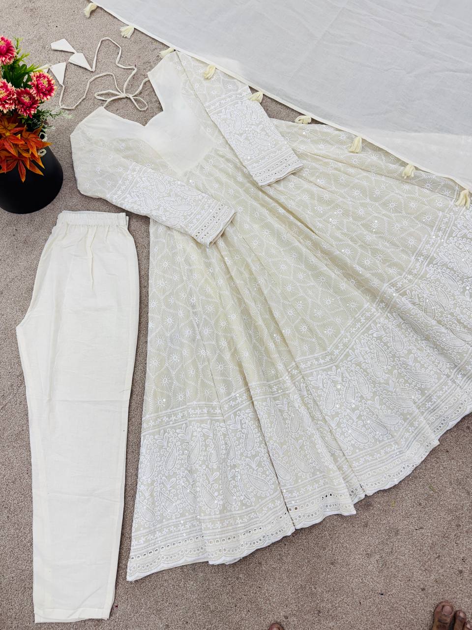 PURE KORA COTTON SCHIFFLI WORK 3-PIECE ANARKALI