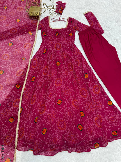 PURE SOFT CHIFFON BANDHEJ ANARKALI SET