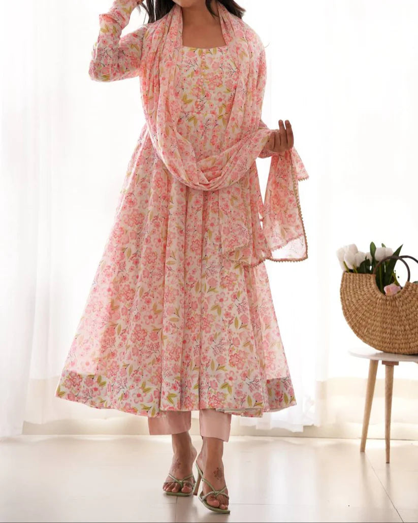 Chiffon Floral Print Anarkali Suit Set