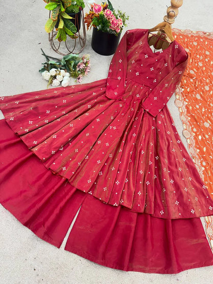 Designer Embroidery Sequence Work With Fully Flair Gown And Plazzo With Dupatta