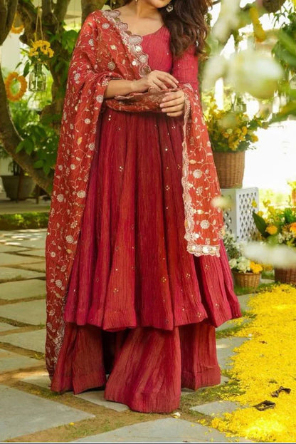 Designer Embroidery Sequence Work With Fully Flair Gown And Plazzo With Dupatta