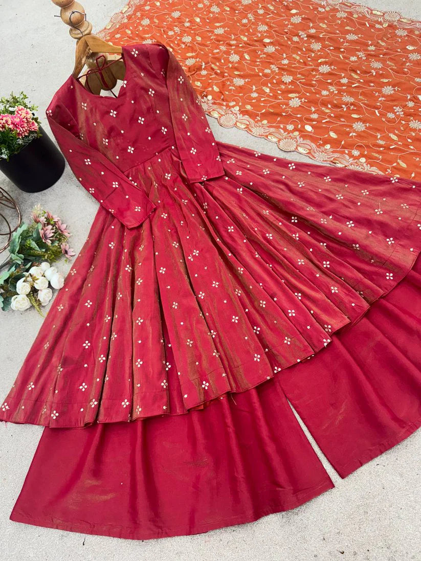 Designer Embroidery Sequence Work With Fully Flair Gown And Plazzo With Dupatta