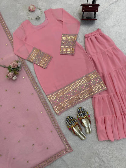 Designer Thread & Sequence Work Ruffle Style Sharara Suit Set