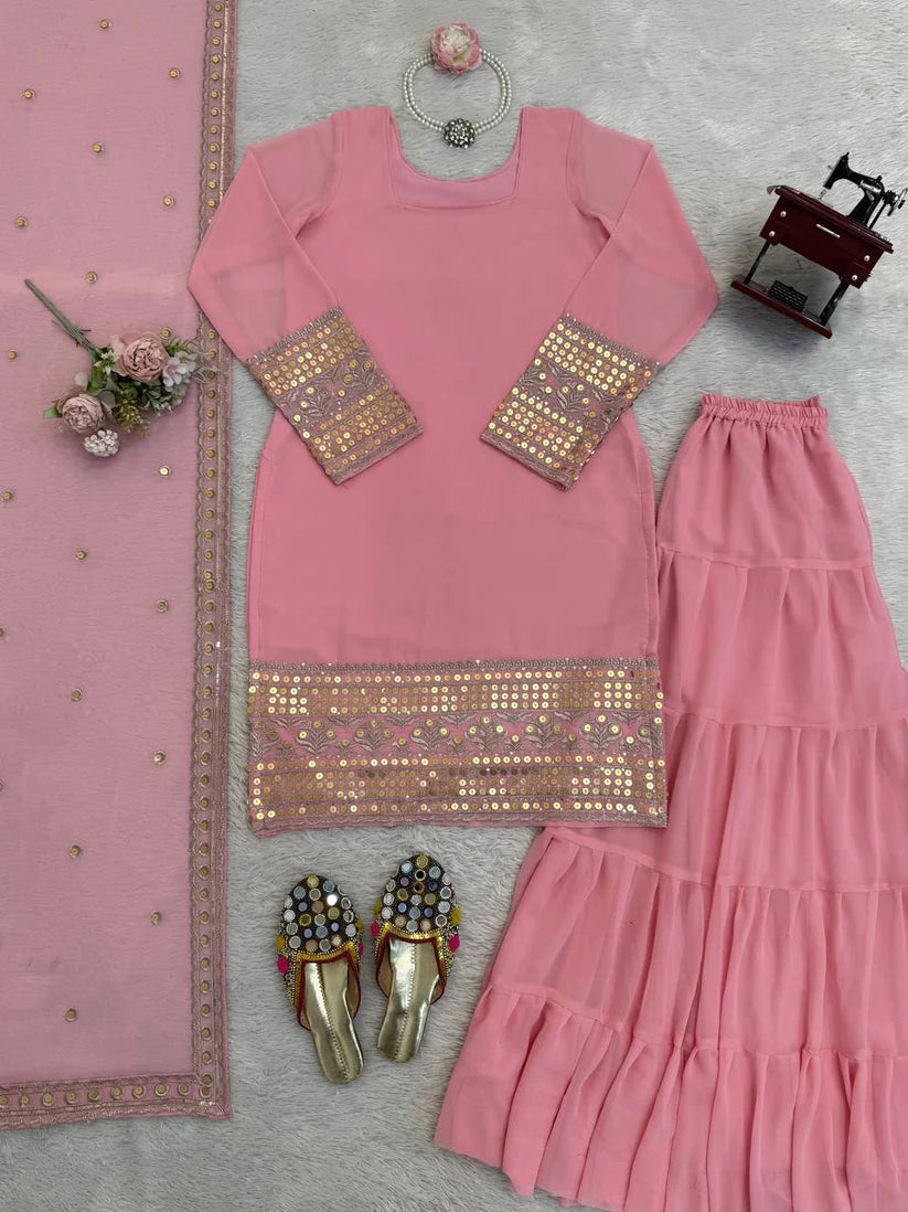 Designer Thread & Sequence Work Ruffle Style Sharara Suit Set