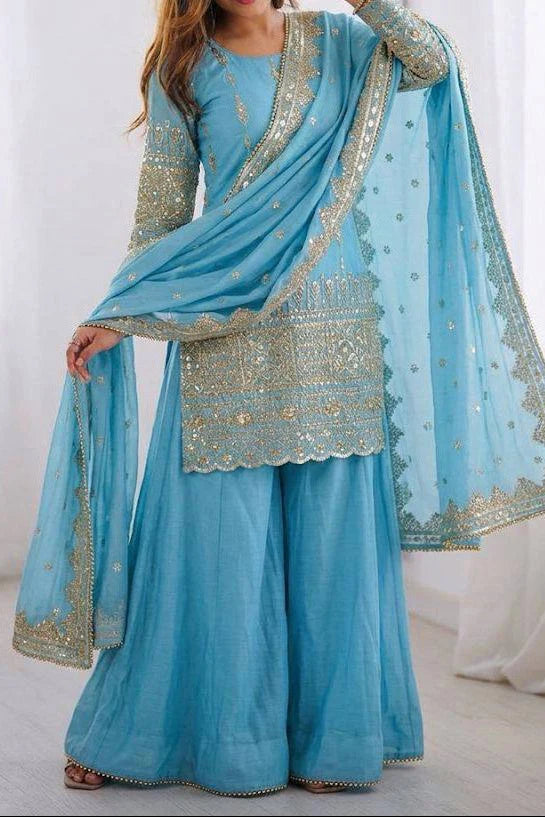 Heavy Faux Georgette Embroidered Sharara Set