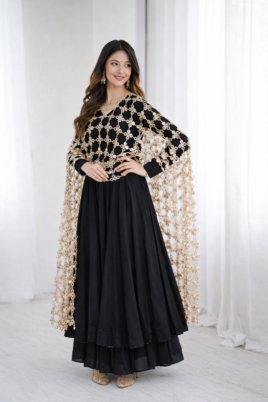 Black Color Roman Silk With Micro Cotton Inner Gown