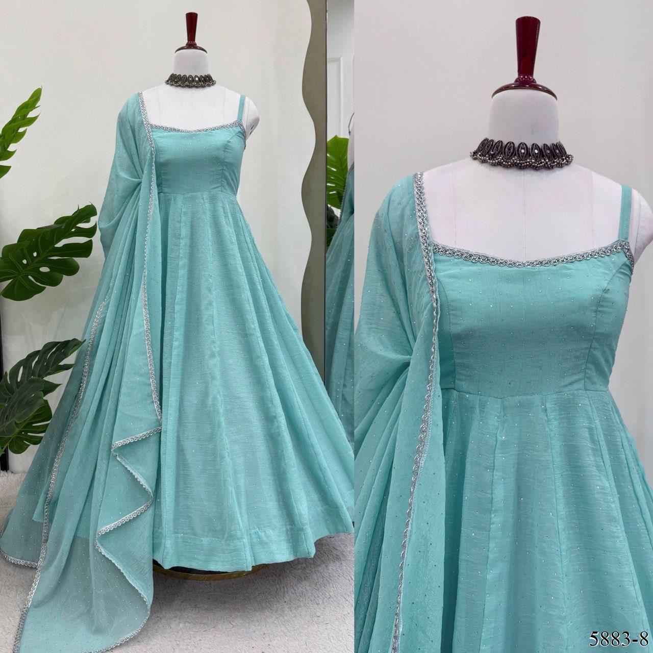 Sky Blue Color Crunch Silk Gown