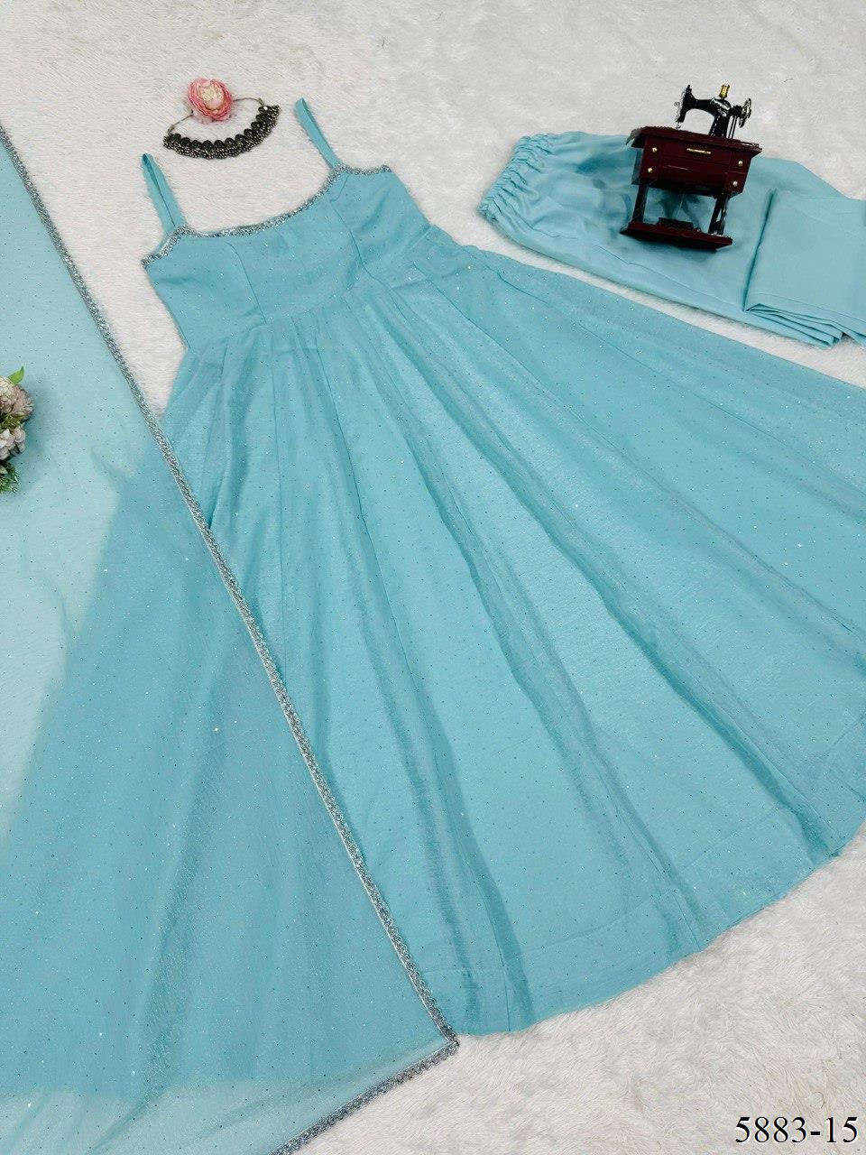 Sky Blue Color Crunch Silk Gown