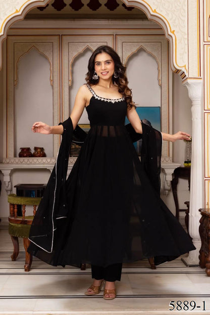 Black Color Faux Georgette Hand Work Anarkali