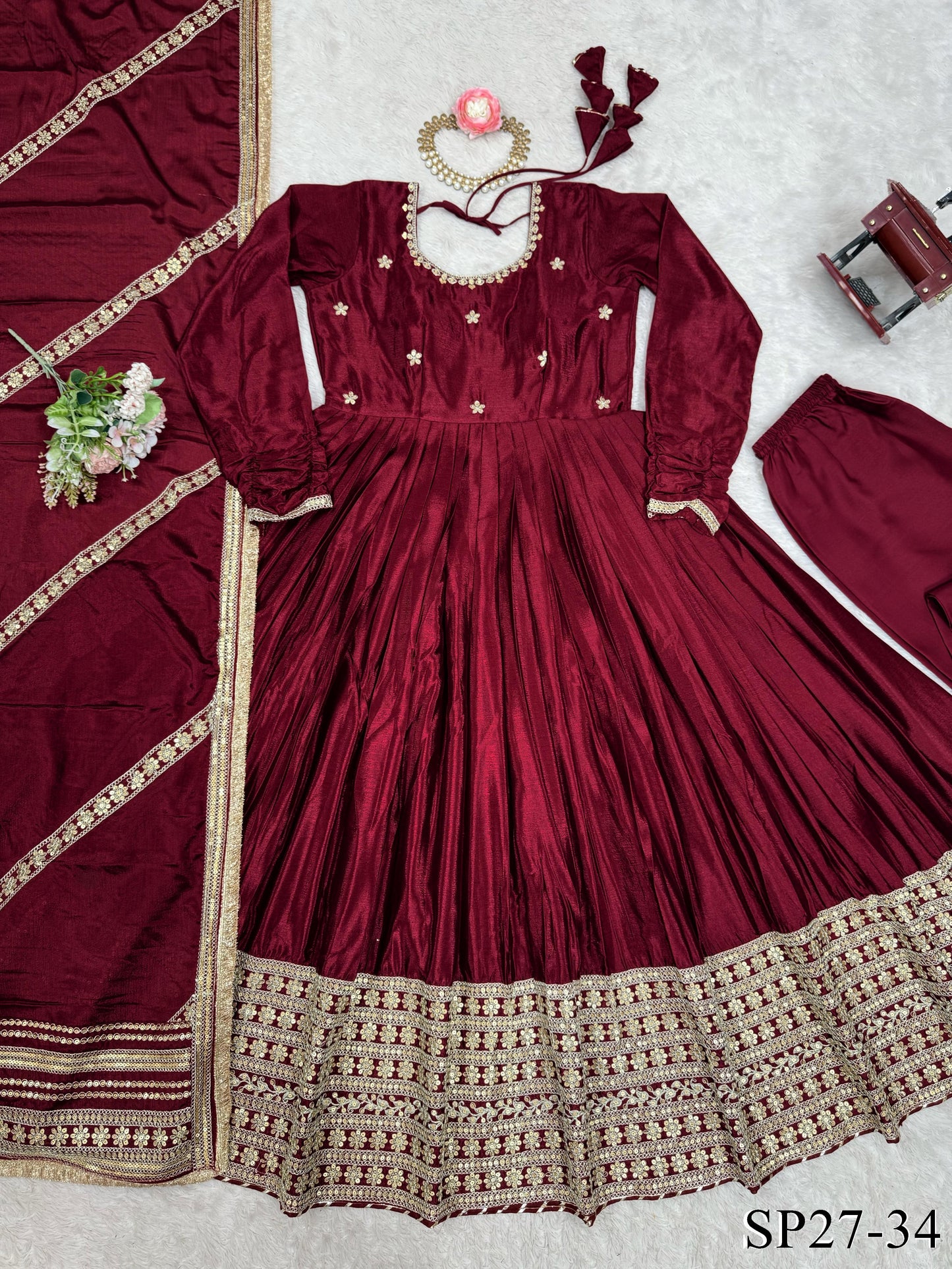 Chinon & Thread With Sequence Lace Border Heavy Anarkali Suit Set