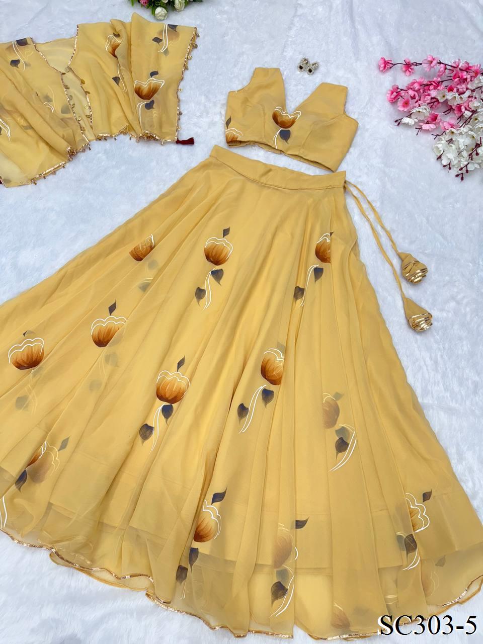 Cream Color Georgette Printed Work Lehenga