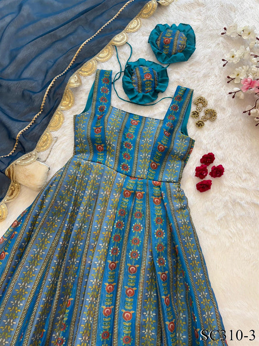 Blue Color Pure Jimmy Organza Silk With Digital Print Gown