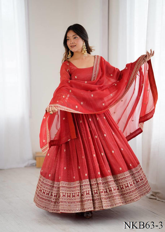 Red Color Crunchy Silk With Embroidery Zari Work Gown