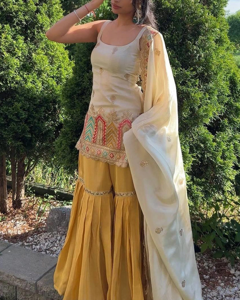 HEAVY CHINON SILK TOP SHARARA SET