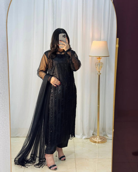 Black Color Embroidery Work Havy Foux Georgette Top Pent