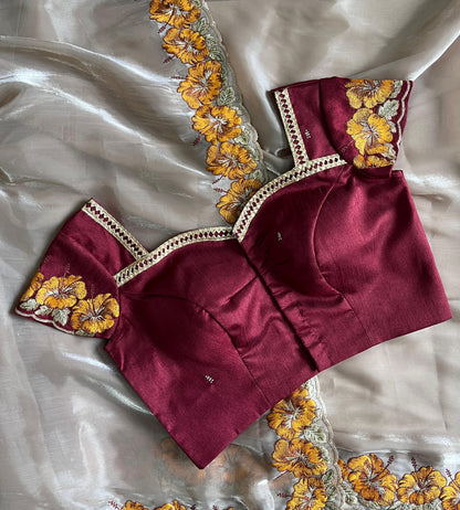 Cream Color Pure Satin Chiffon Katha Flower Work Saree