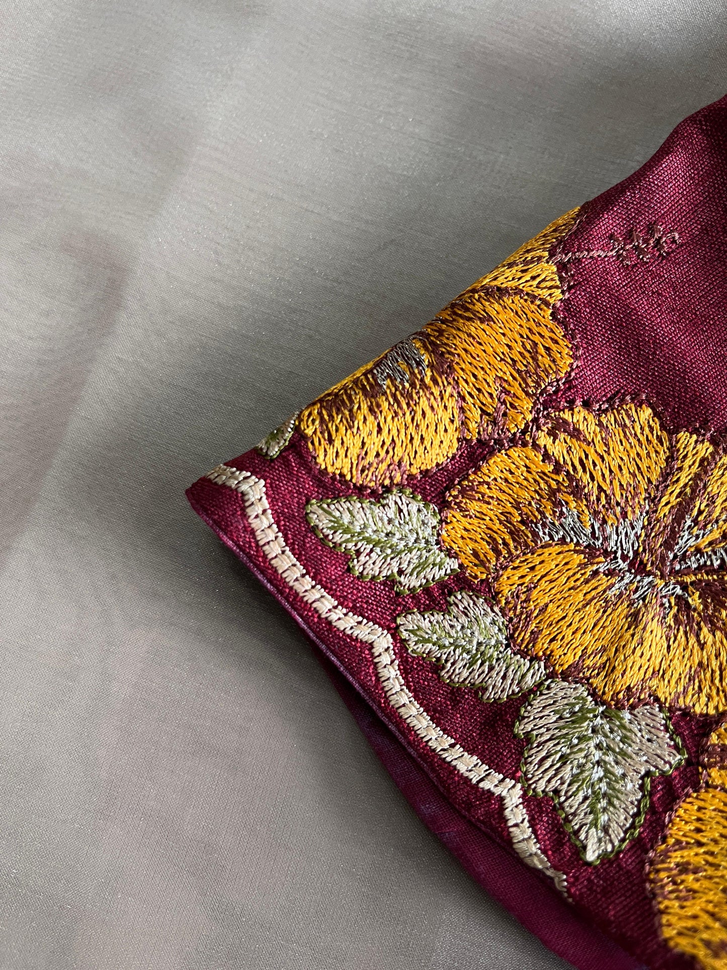 Cream Color Pure Satin Chiffon Katha Flower Work Saree