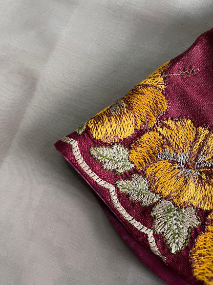 Cream Color Pure Satin Chiffon Katha Flower Work Saree