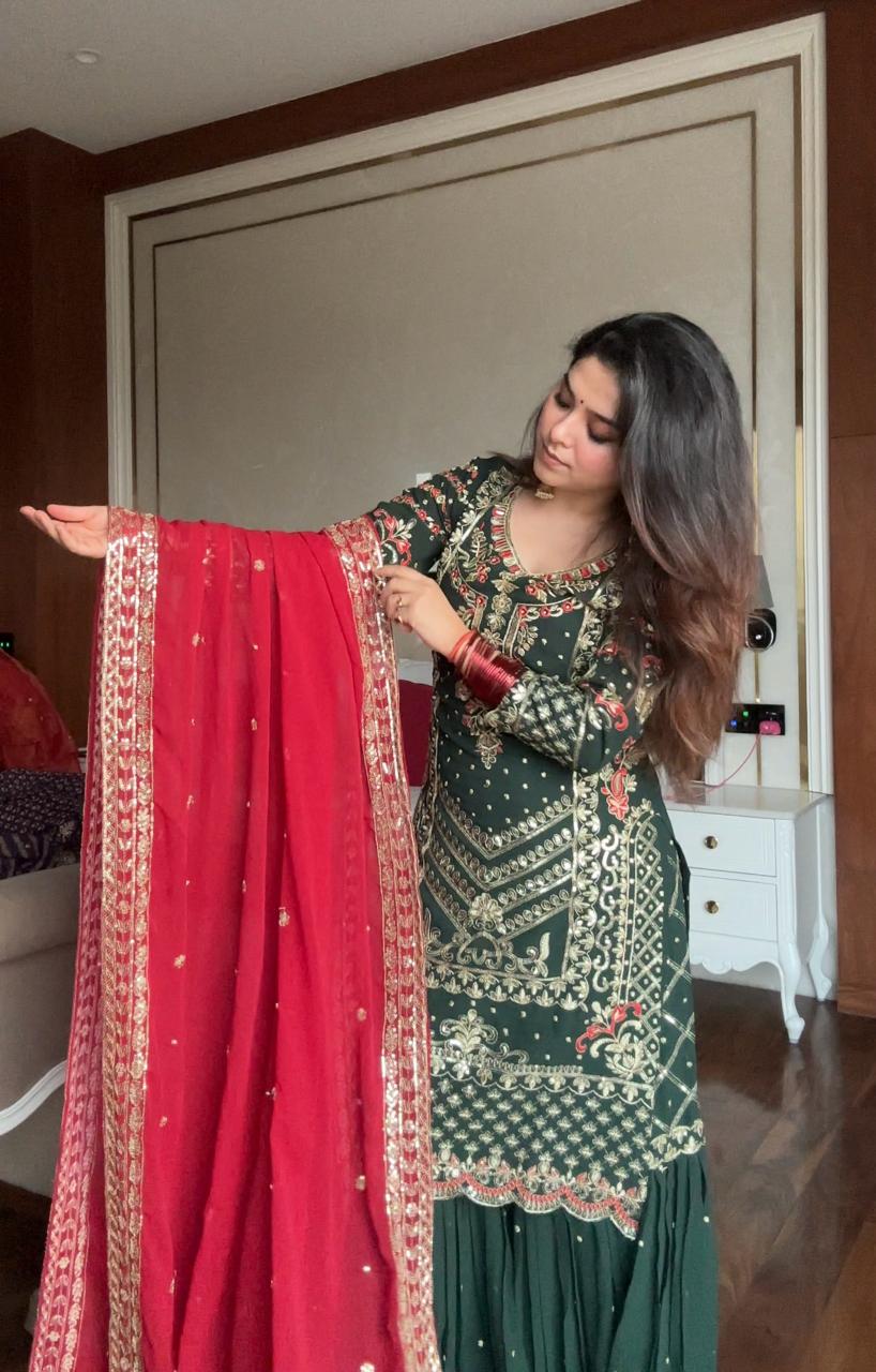 MOST DEMANDING GEORGETTE SEQUENCE WORK TOP SHARARA IN GREEN COLOR