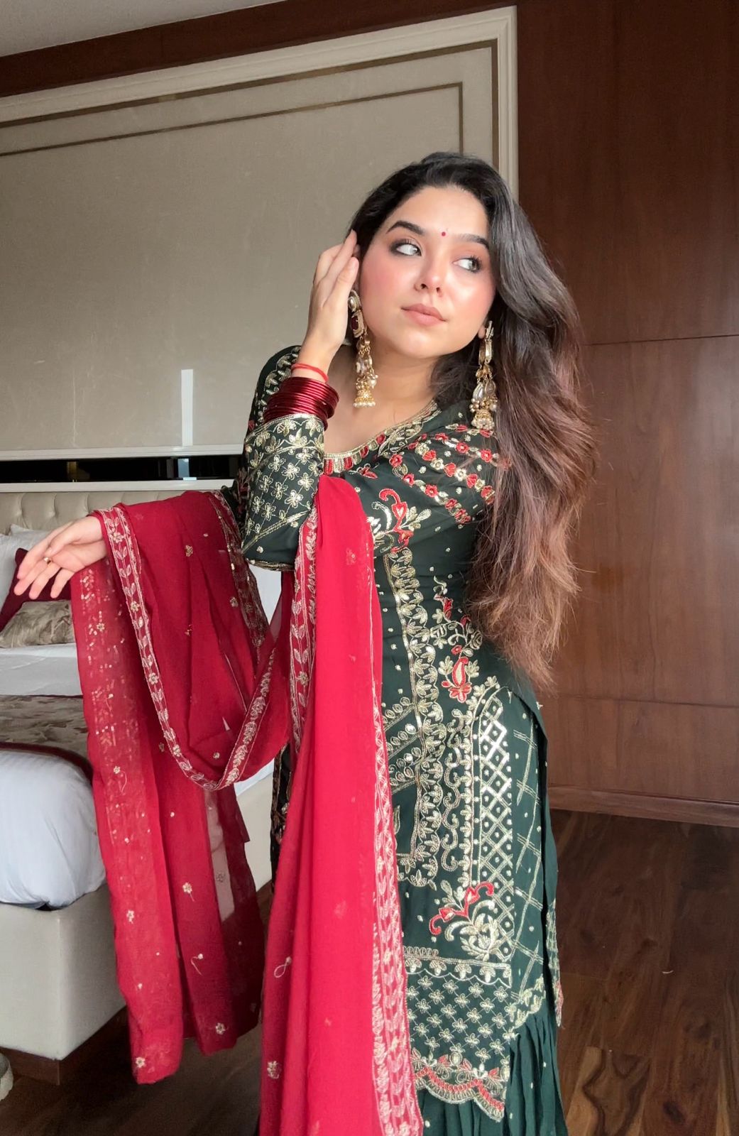 MOST DEMANDING GEORGETTE SEQUENCE WORK TOP SHARARA IN GREEN COLOR