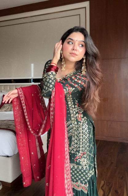 MOST DEMANDING GEORGETTE SEQUENCE WORK TOP SHARARA IN GREEN COLOR