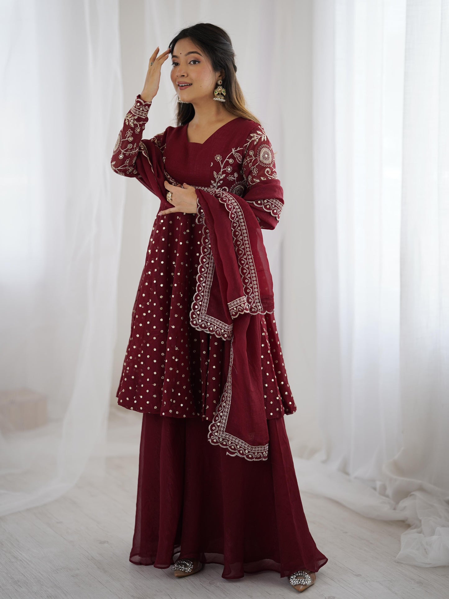 MOST TRENDING CRUNCHY SILK SEQUENCE TOP PLAZZO IN MAROON COLOR
