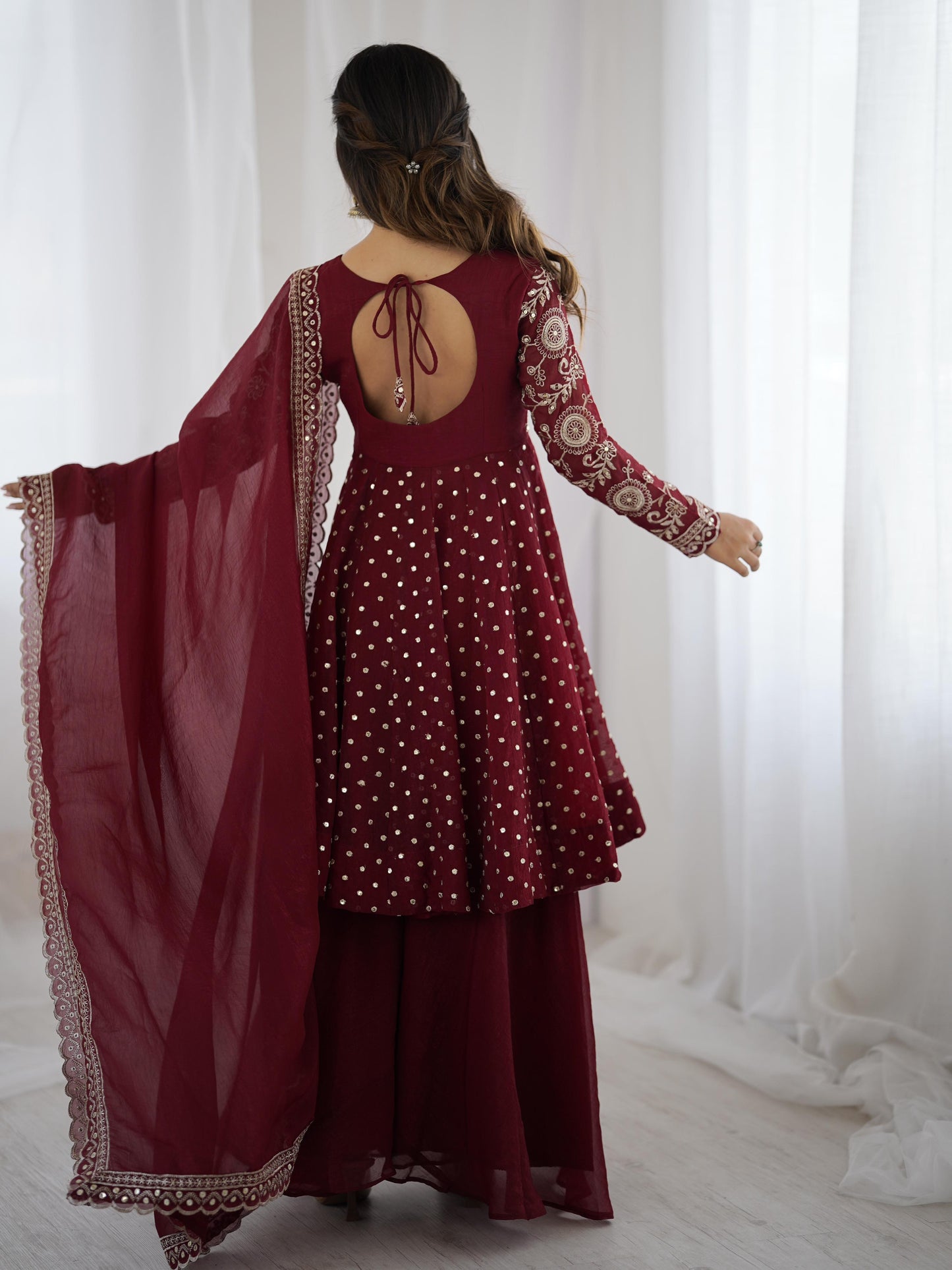 MOST TRENDING CRUNCHY SILK SEQUENCE TOP PLAZZO IN MAROON COLOR