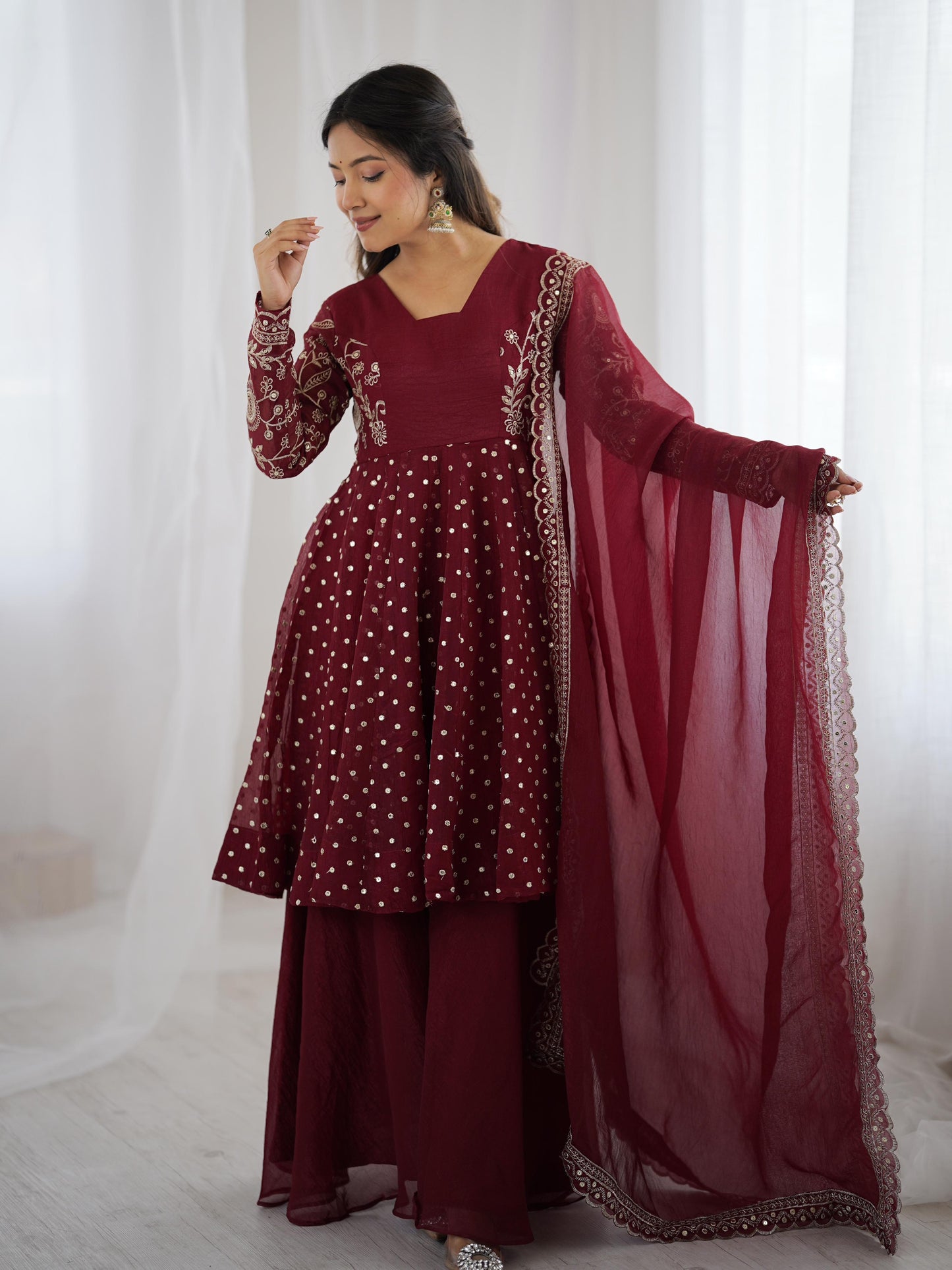 MOST TRENDING CRUNCHY SILK SEQUENCE TOP PLAZZO IN MAROON COLOR